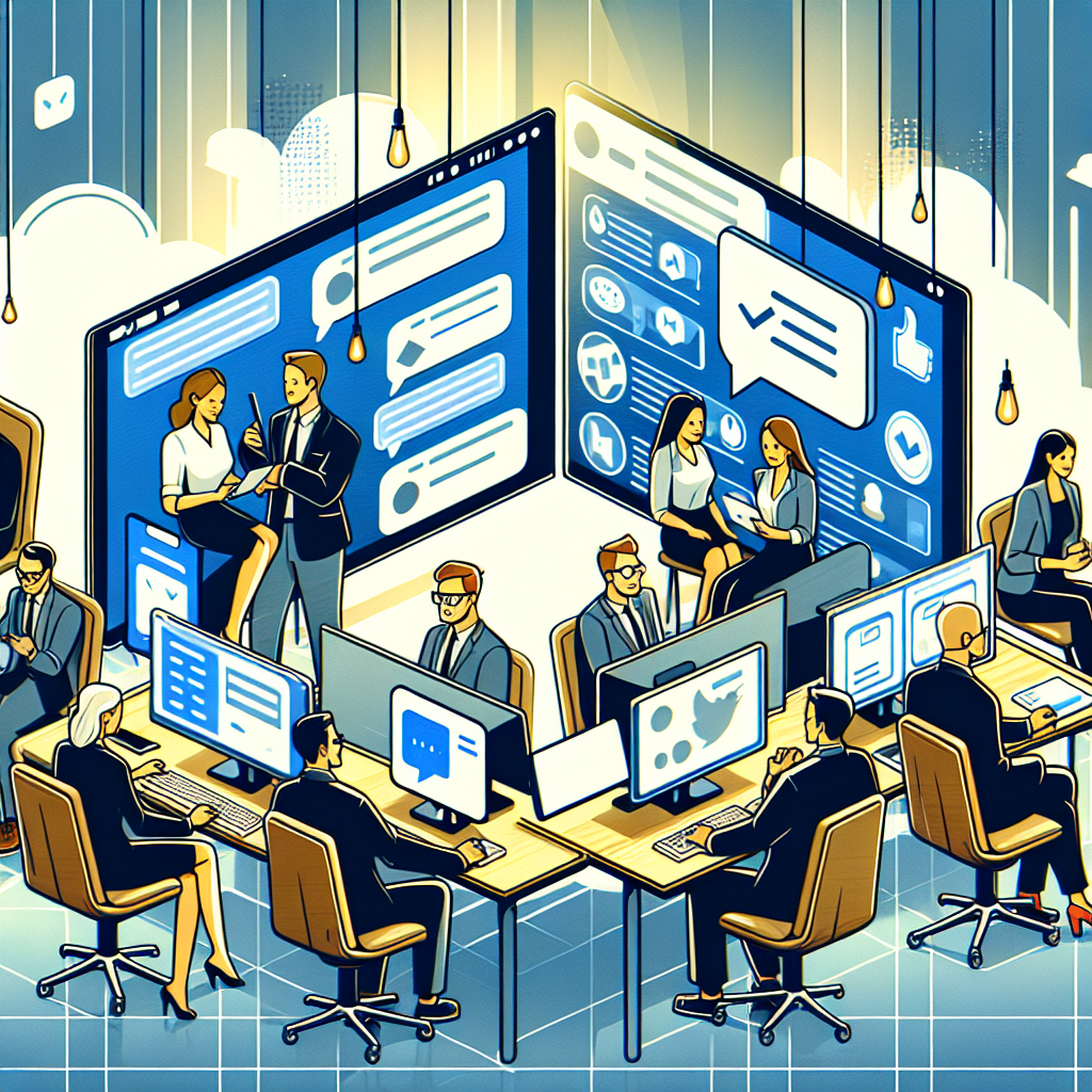 Illustration of Business team collaborating via messaging apps in a Digital workspace with screens setting, with a determined mood.
