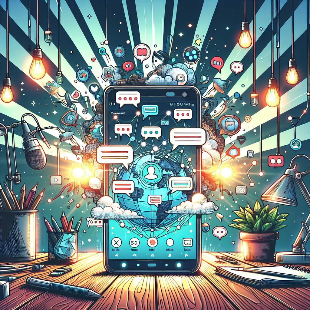 Illustration of Close-up of phone with chat bubbles and notifications in a Content creation studio (lights setting, with a inspired mood.