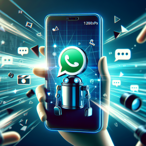 Illustration of Chatbot icon assisting user on phone screen in a camera) setting, with a determined mood.