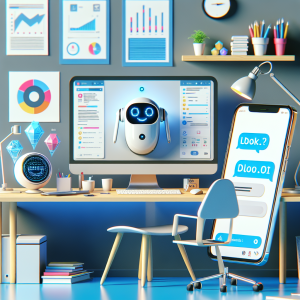Illustration of Chatbot icon assisting user on phone screen in a Home office setting, with a happy mood.