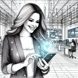 Illustration of Person holding smartphone showing virtual phone number in a High-tech smart office setting, with a inspired mood.