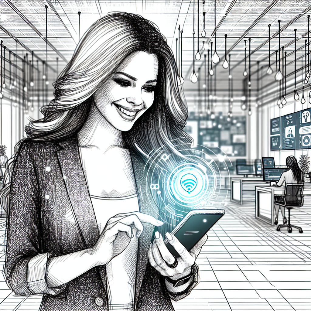 Illustration of Person holding smartphone showing virtual phone number in a High-tech smart office setting, with a inspired mood.