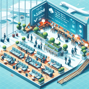 Illustration of Dashboard with chat queue and agent assignment in a Travel setting (airport lounge setting, with a inspired mood.