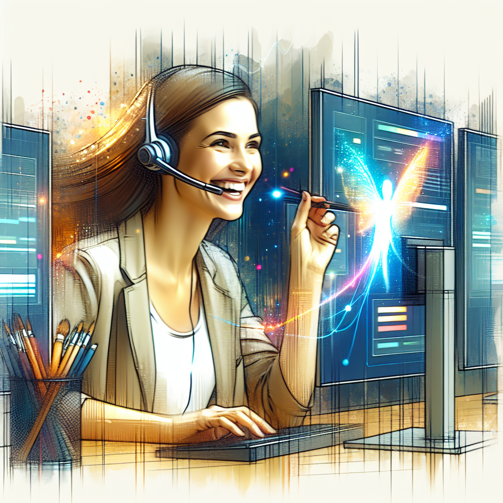 Illustration of Agent using XAPP interface with headset in a Desktop with multiple monitors setting, with a happy mood.