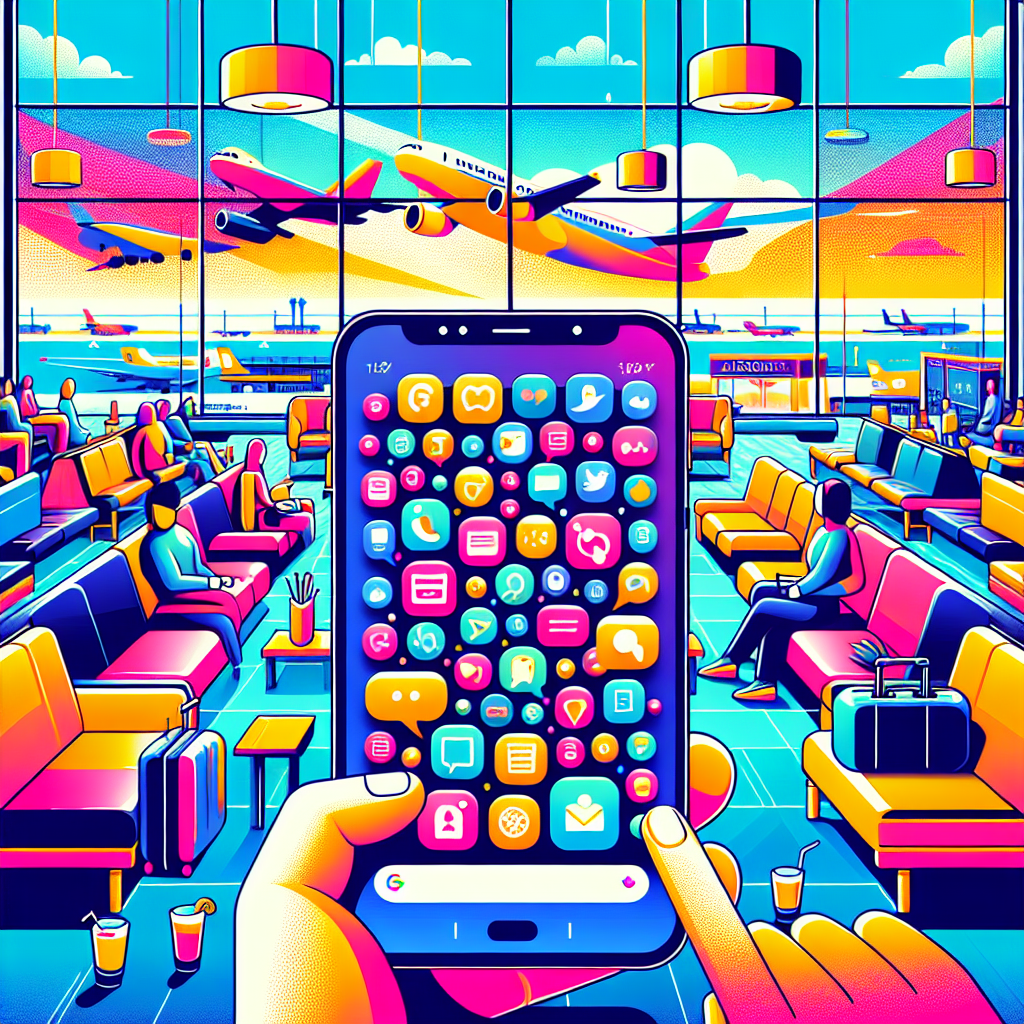 Illustration of Smartphone screen showing multiple chat apps open in a Travel setting (airport lounge setting, with a relaxed mood.