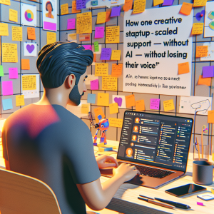 Illustration of Freelancer using laptop with messaging dashboard in a Wall with inspiration board / post-its setting, with a focused mood.