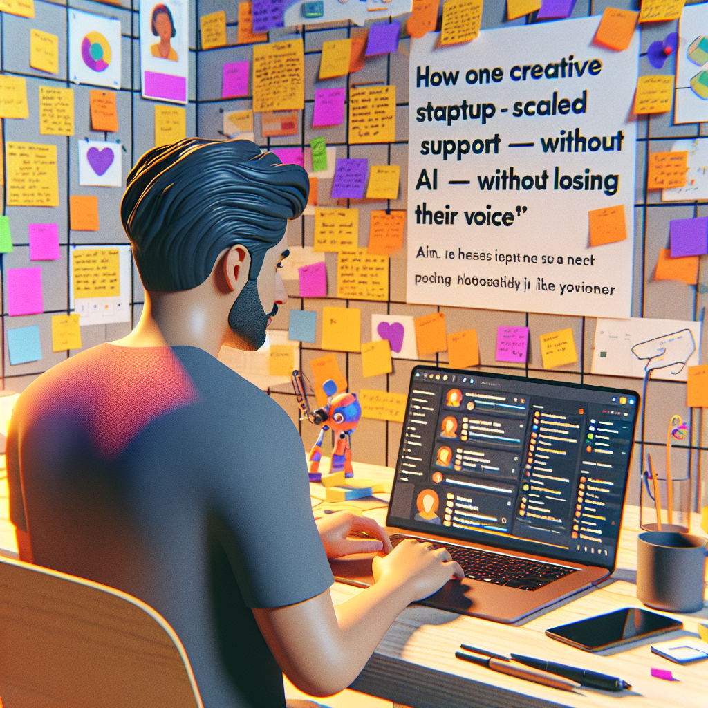 Illustration of Freelancer using laptop with messaging dashboard in a Wall with inspiration board / post-its setting, with a focused mood.