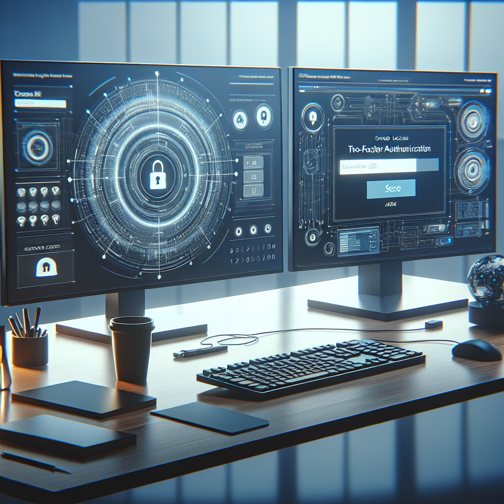 Illustration of Login screen with 2FA and secure access visuals in a Desktop with multiple monitors setting, with a focused mood.