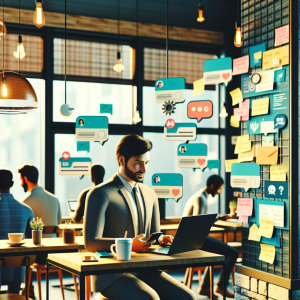 Illustration of Remote worker managing chats in café in a Wall with inspiration board / post-its setting, with a relaxed mood.