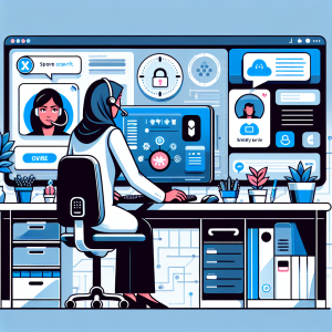 Illustration of Customer support agent replying to WhatsApp on desktop in a High-tech smart office setting, with a inspired mood.