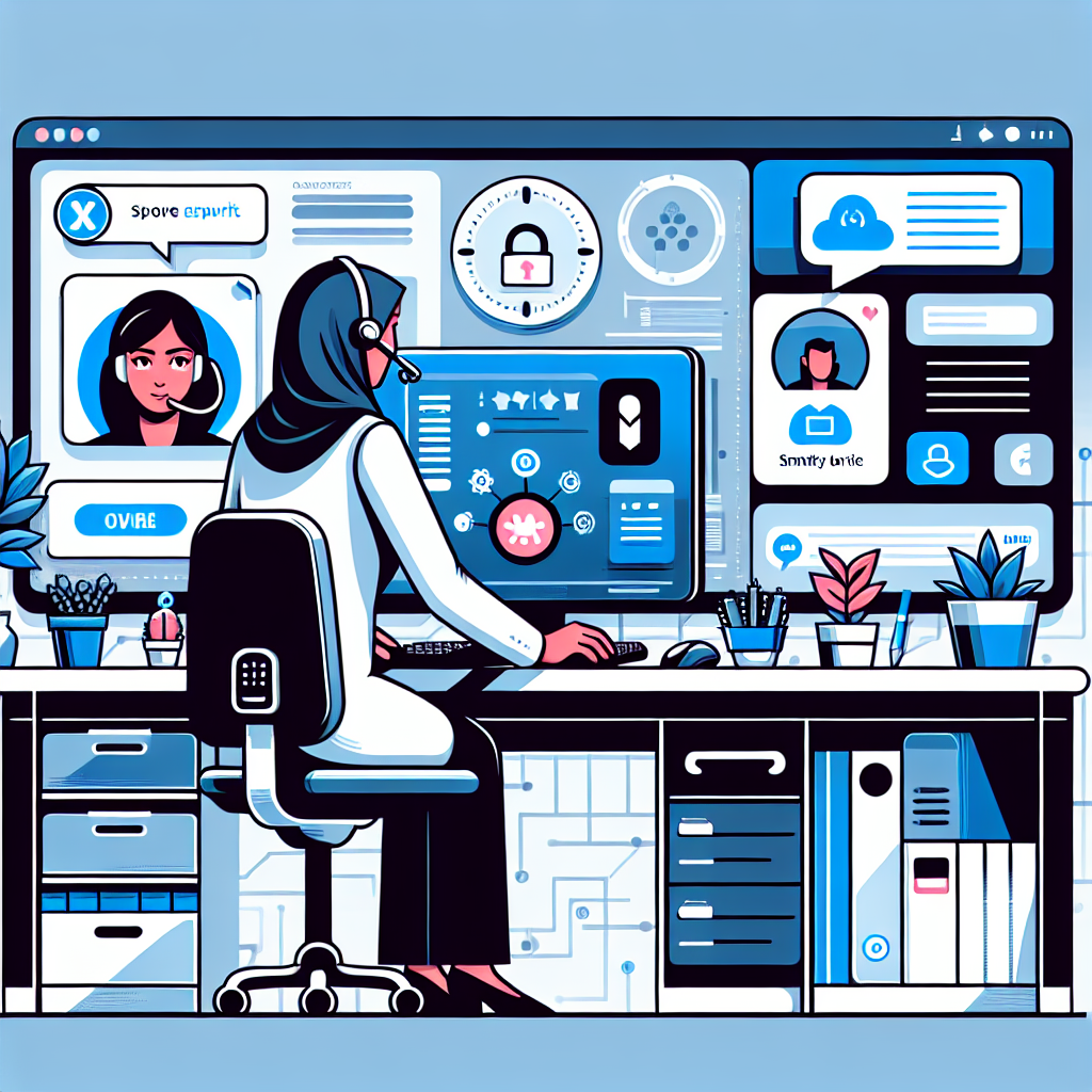 Illustration of Customer support agent replying to WhatsApp on desktop in a High-tech smart office setting, with a inspired mood.
