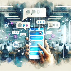 Illustration of Close-up of phone with chat bubbles and notifications in a High-tech smart office setting, with a focused mood.