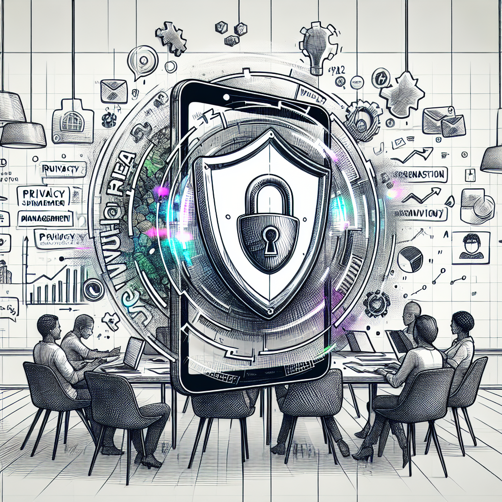 Illustration of Privacy shield icon over smartphone in a Whiteboard brainstorming area setting, with a determined mood.