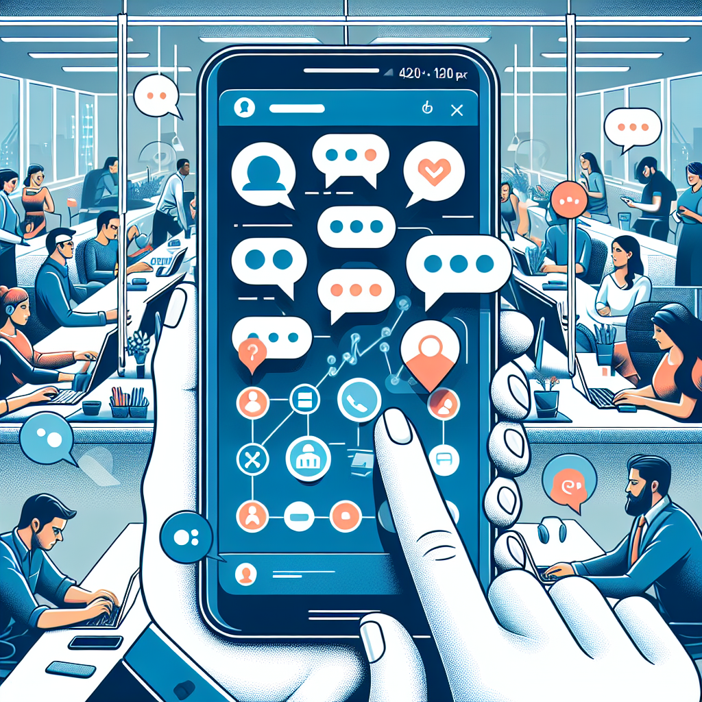 Illustration of Close-up of phone with chat bubbles and notifications in a Co-working space setting, with a determined mood.