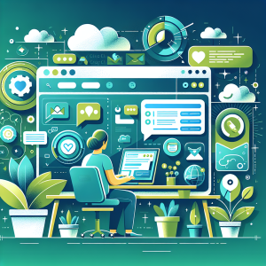 Illustration of Freelancer using laptop with messaging dashboard in a Green setting, with a inspired mood.