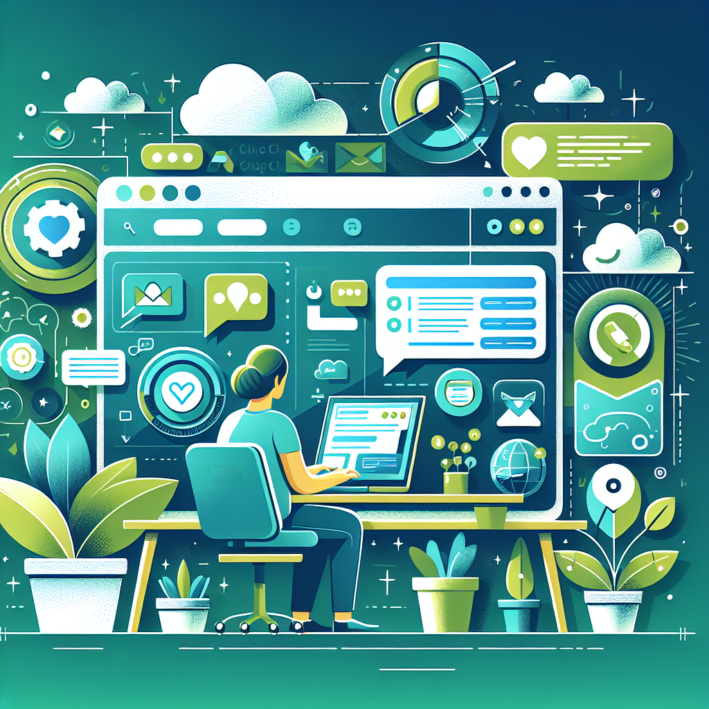Illustration of Freelancer using laptop with messaging dashboard in a Green setting, with a inspired mood.