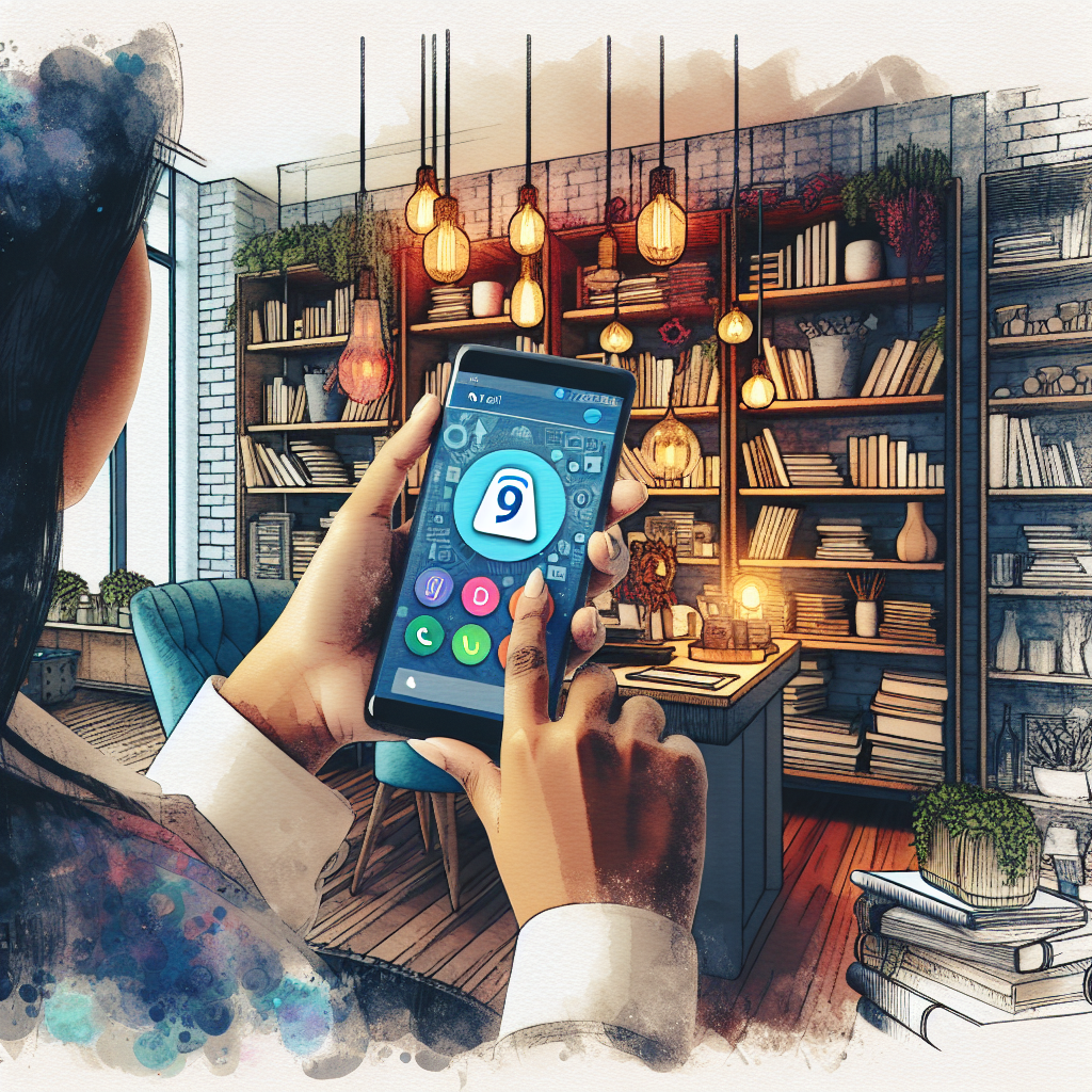 Illustration of Person holding smartphone showing virtual phone number in a Bookshelves and creative decor setting, with a inspired mood.