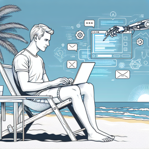 Illustration of Freelancer using laptop with messaging dashboard in a Beach with laptop setting, with a relaxed mood.