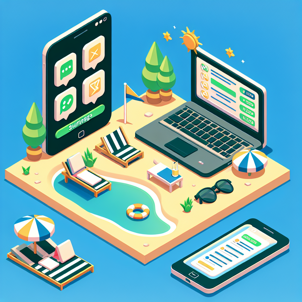 Illustration of Smartphone screen showing multiple chat apps open in a Beach with laptop setting, with a relaxed mood.