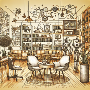 Illustration of Illustrated concept of omnichannel messaging in a Bookshelves and creative decor setting, with a determined mood.