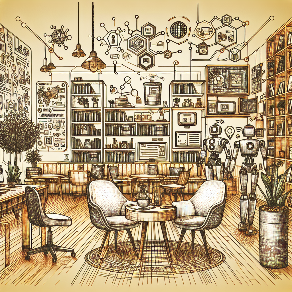 Illustration of Illustrated concept of omnichannel messaging in a Bookshelves and creative decor setting, with a determined mood.
