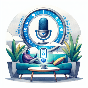 Illustration of Privacy shield icon over smartphone in a mic setting, with a relaxed mood.