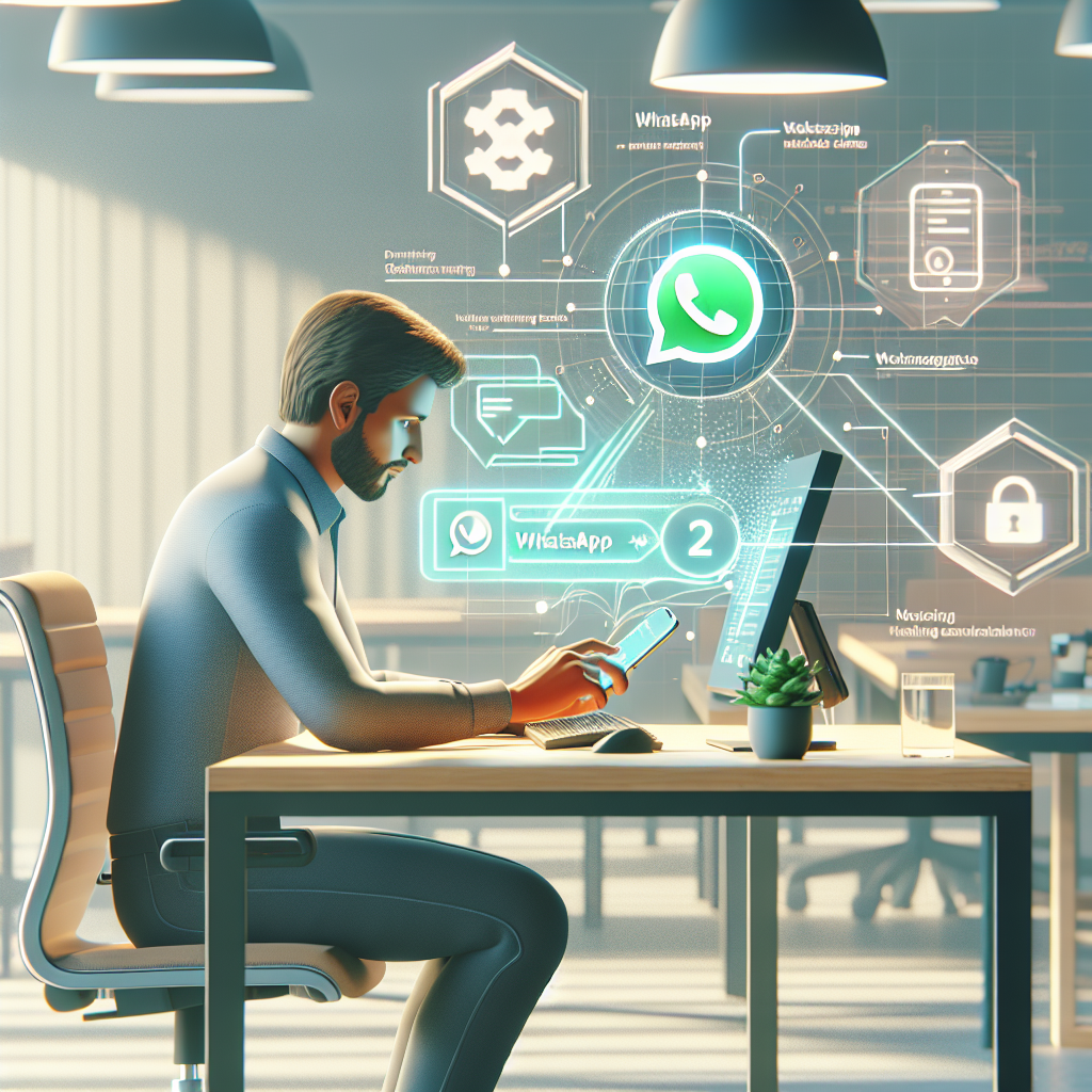 Illustration of User creating WhatsApp ticket in business tool in a Co-working space setting, with a focused mood.