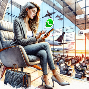 Illustration of User creating WhatsApp ticket in business tool in a Travel setting (airport lounge setting, with a relaxed mood.