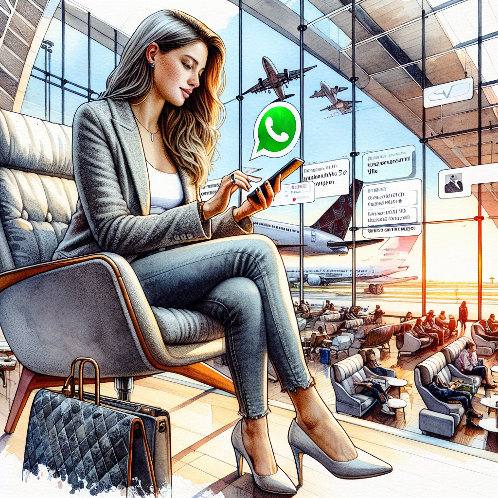 Illustration of User creating WhatsApp ticket in business tool in a Travel setting (airport lounge setting, with a relaxed mood.