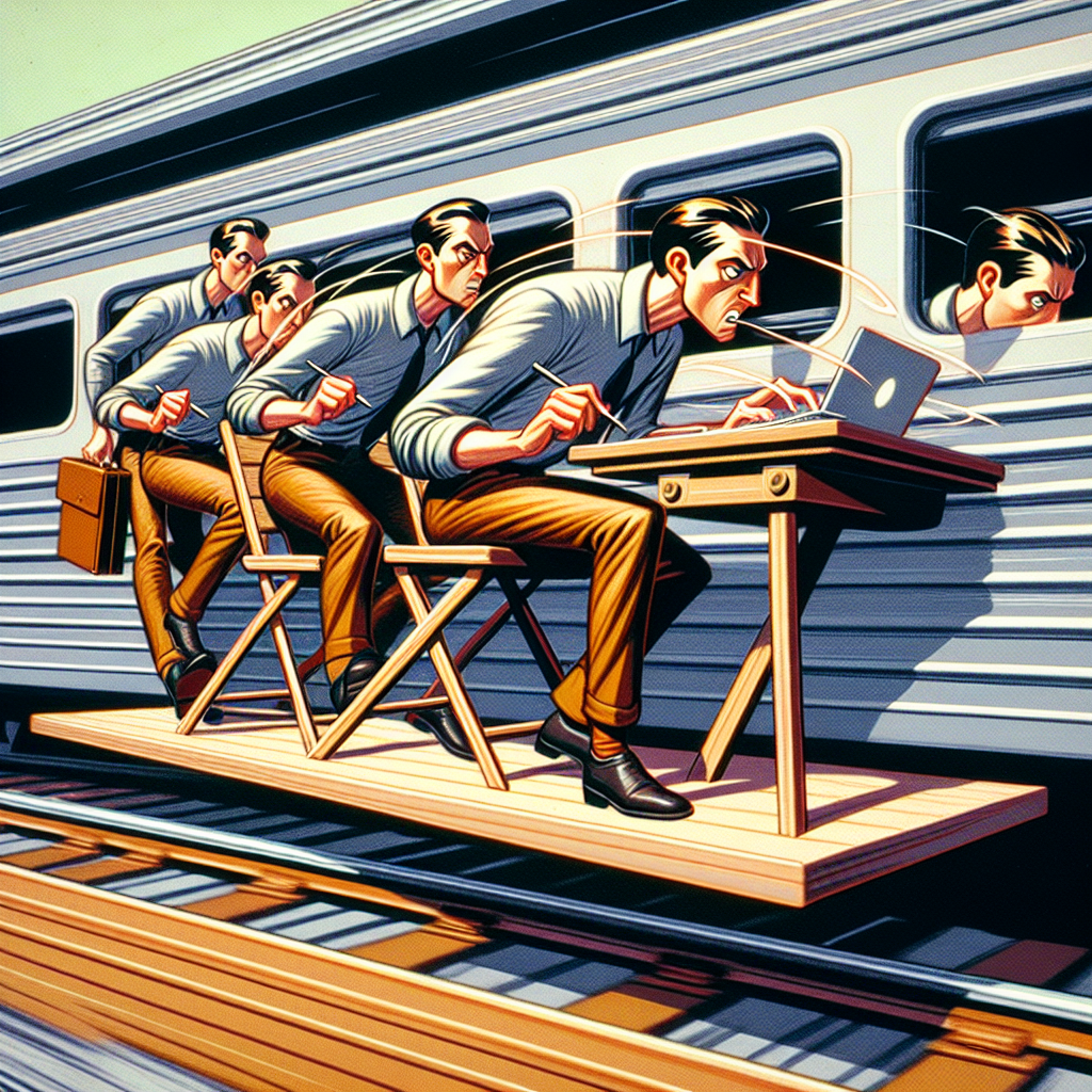 Illustration of Person switching between messaging accounts in a train table) setting, with a focused mood.