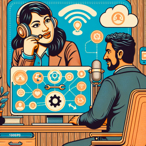 Illustration of Virtual assistant in video call with client in a mic setting, with a relaxed mood.