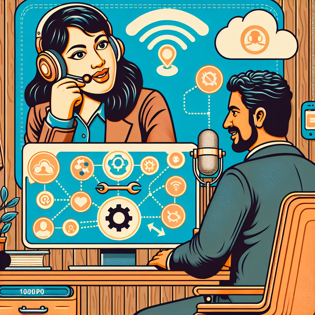 Illustration of Virtual assistant in video call with client in a mic setting, with a relaxed mood.