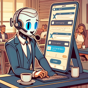 Illustration of Agent using XAPP interface with headset in a Café / Coffee shop setting, with a relaxed mood.