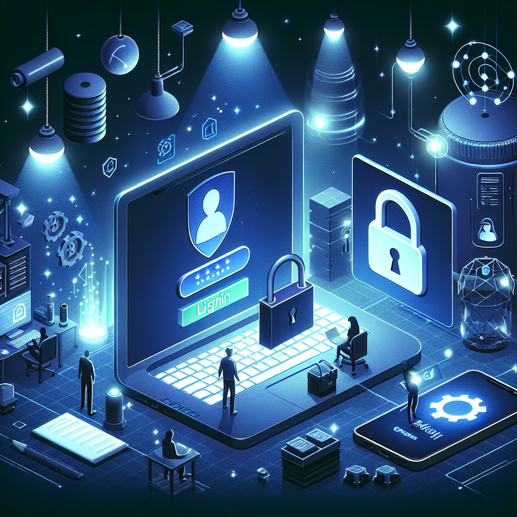 Illustration of Login screen with 2FA and secure access visuals in a Night workspace with ambient lighting setting, with a creative mood.
