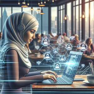 Illustration of Remote worker managing chats in café in a camera) setting, with a determined mood.