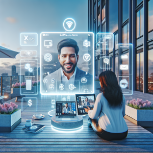 Illustration of Virtual assistant in video call with client in a Rooftop terrace setting, with a inspired mood.