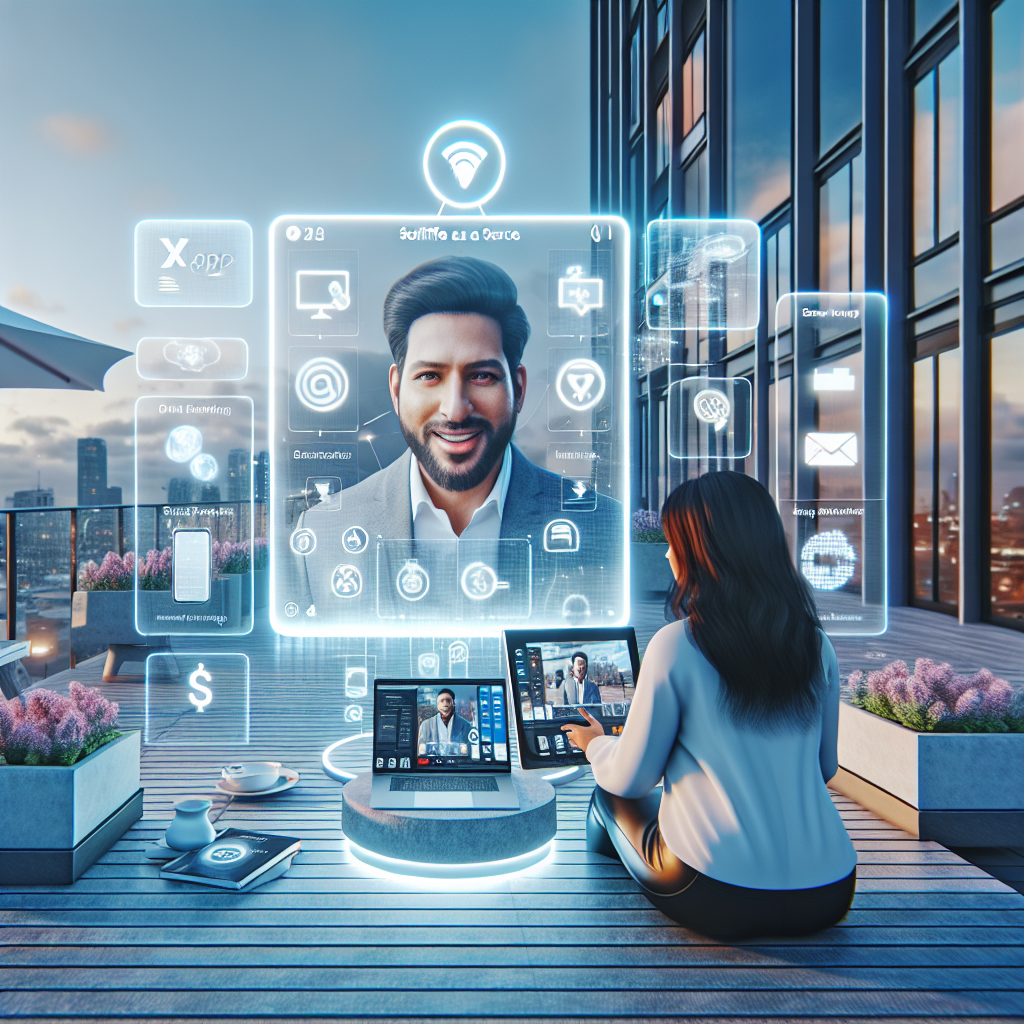 Illustration of Virtual assistant in video call with client in a Rooftop terrace setting, with a inspired mood.