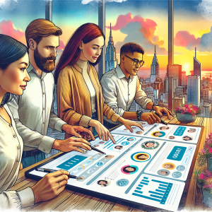 Illustration of Team managing social media messages from dashboard in a Rooftop terrace setting, with a inspired mood.