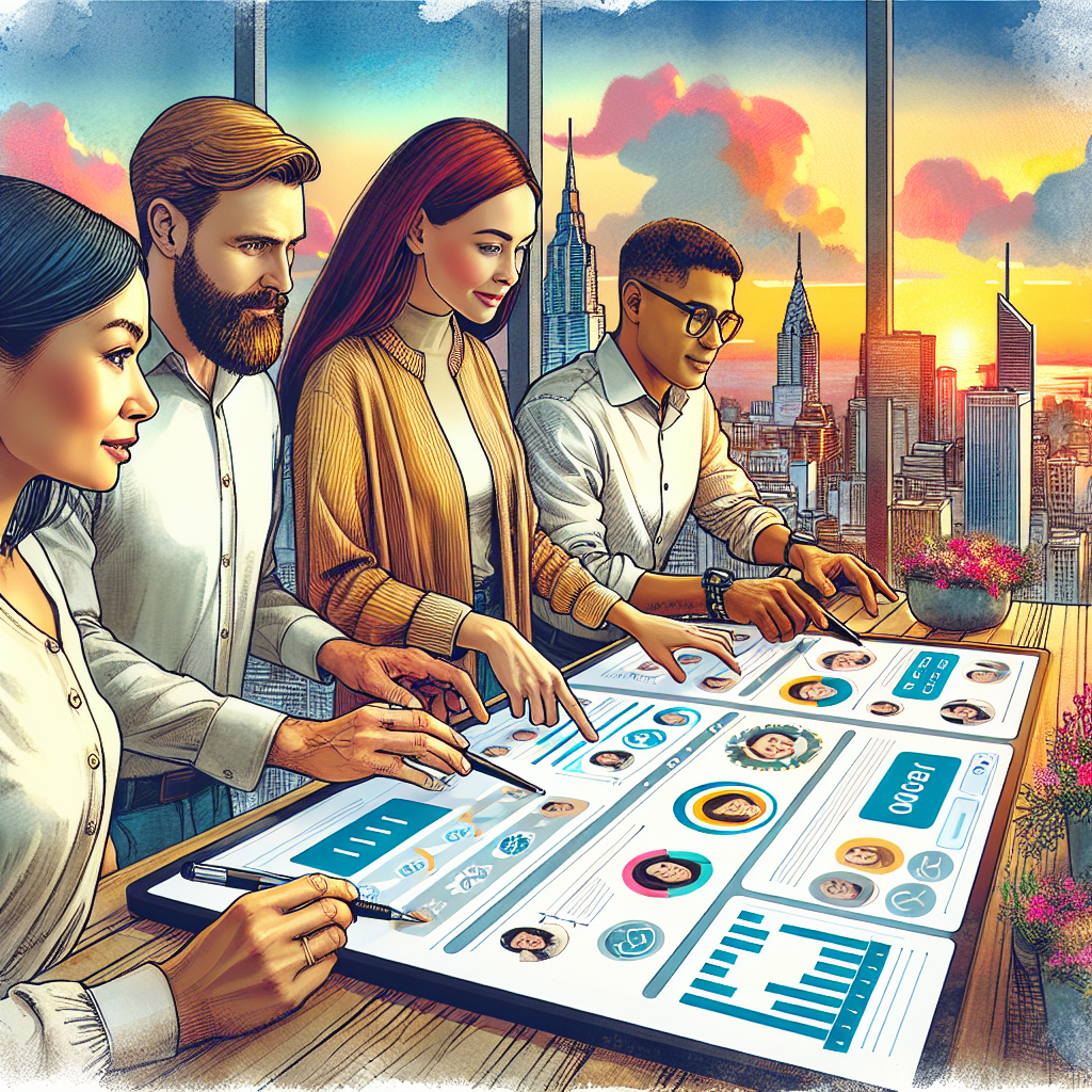 Illustration of Team managing social media messages from dashboard in a Rooftop terrace setting, with a inspired mood.