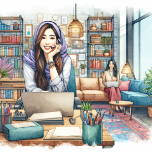 Illustration of Virtual assistant in video call with client in a Bookshelves and creative decor setting, with a happy mood.