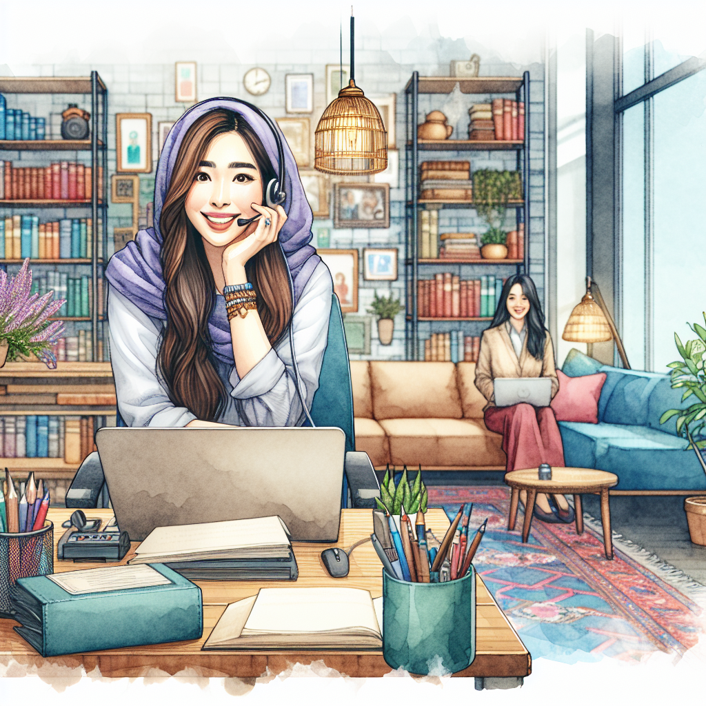 Illustration of Virtual assistant in video call with client in a Bookshelves and creative decor setting, with a happy mood.