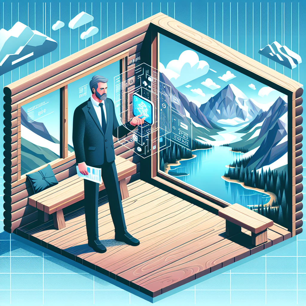 Illustration of Person holding smartphone showing virtual phone number in a Nature retreat (mountain/lake cabin setup) setting, with a creative mood.