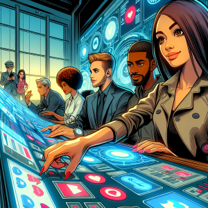 Illustration of Team managing social media messages from dashboard in a camera) setting, with a creative mood.