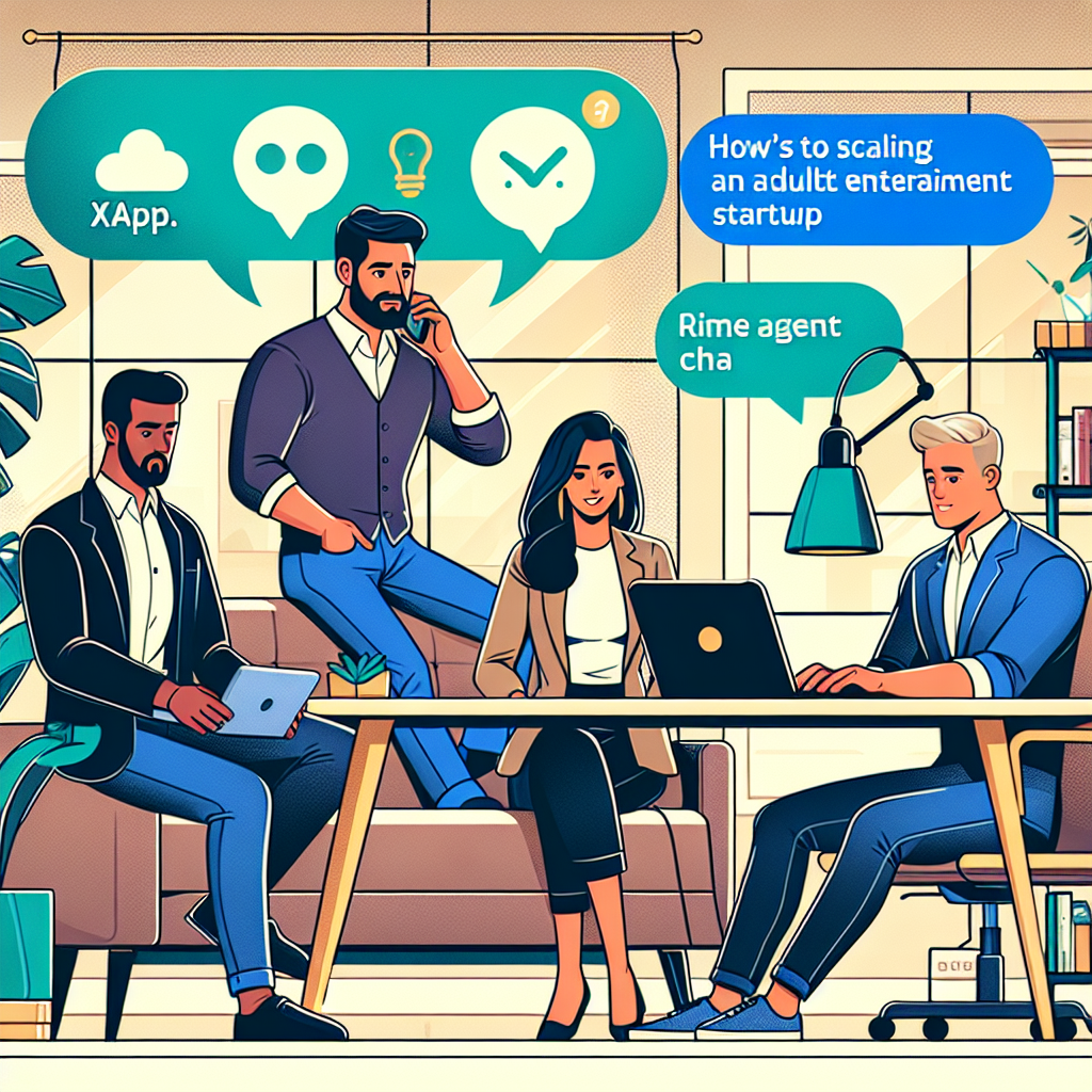 Illustration of Business team collaborating via messaging apps in a Home office setting, with a determined mood.