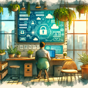 Illustration of Freelancer using laptop with messaging dashboard in a eco-friendly office setting, with a relaxed mood.