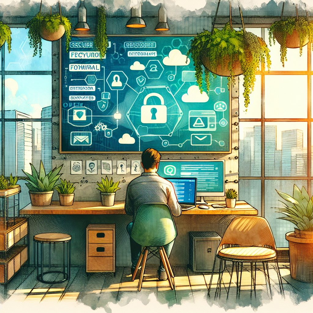 Illustration of Freelancer using laptop with messaging dashboard in a eco-friendly office setting, with a relaxed mood.