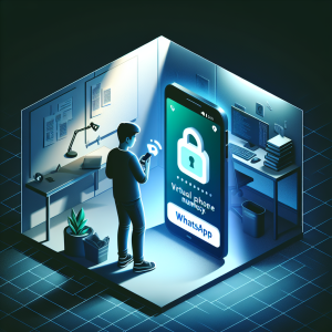 Illustration of Person holding smartphone showing virtual phone number in a Night workspace with ambient lighting setting, with a creative mood.