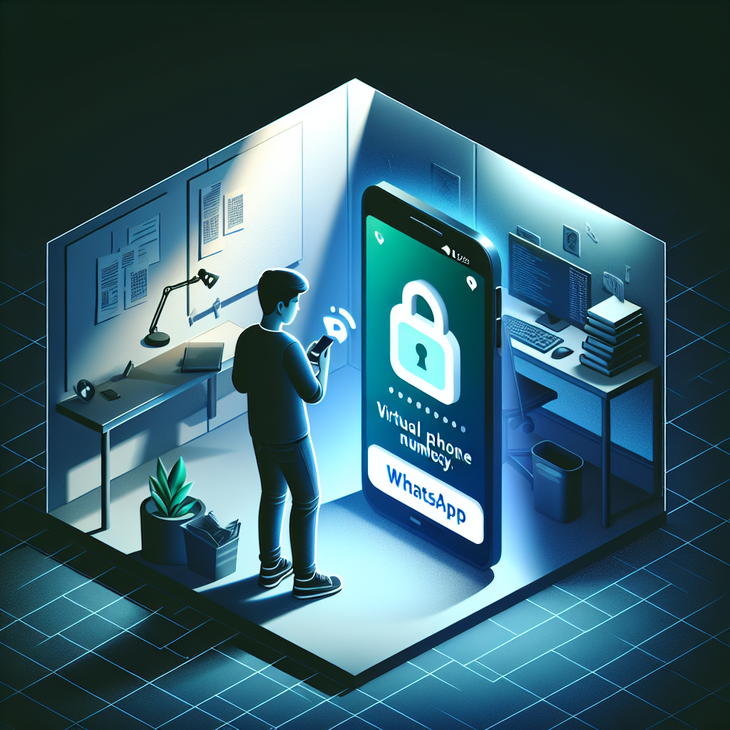 Illustration of Person holding smartphone showing virtual phone number in a Night workspace with ambient lighting setting, with a creative mood.