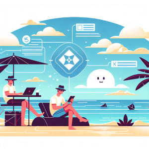 Illustration of Digital nomad on beach using chat tool in a camera) setting, with a creative mood.