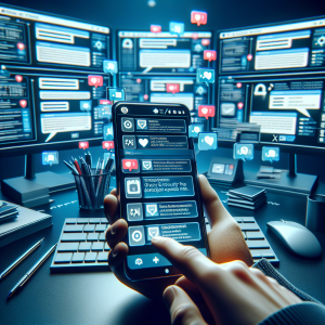 Illustration of Close-up of phone with chat bubbles and notifications in a Desktop with multiple monitors setting, with a creative mood.